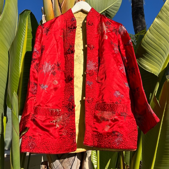 Vintage Jackets & Blazers - Jacquard Chinese Mandarin Collar Quilted Coat Pockets Reversible Jacket Silk